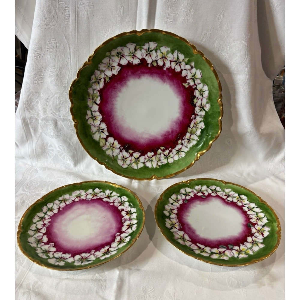 Haviland France 3-Pc Porcelain Plates Floral Green Purple White Gold Trim